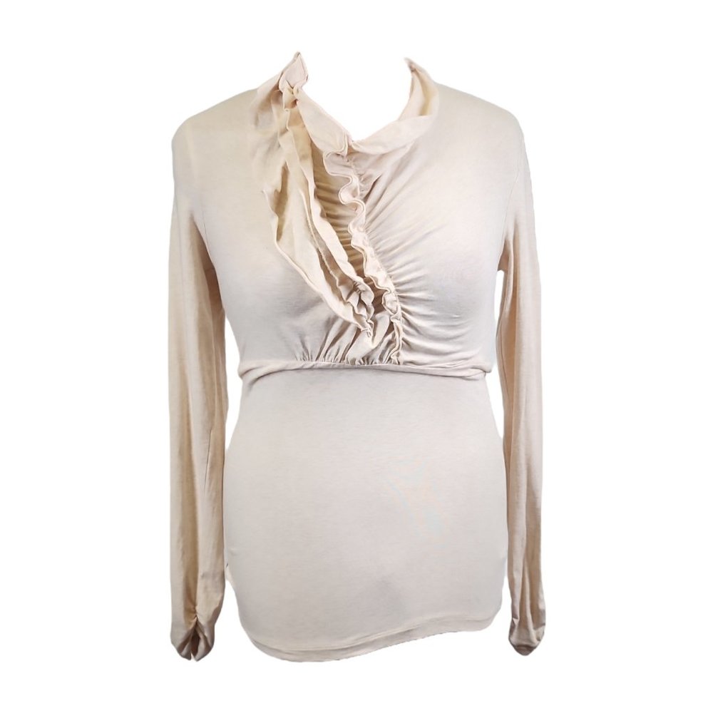 CAbi Nonchalant Chiffon Neck Ruffle Long Sleeve Shirt Oatmeal S #238 Top